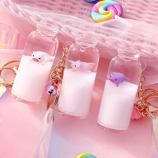 Creative Cute Floating Milk Pig Keychain For Keys Pendant