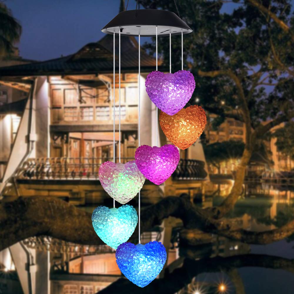 Solar-Powered LED Love Heart Wind Chime Lights – Color-Changing Outdoor Decor