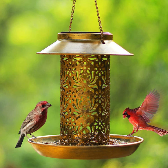 Solar Bird Feeder Flower Cylinder Waterproof outdoor Hanging Metal Lantern Garden Décor