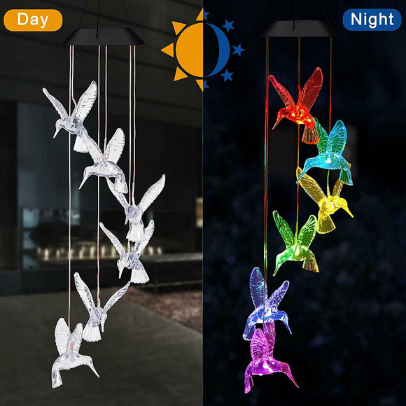Solar Color Changing LED Crystal Clear Hummingbirds Wind Chimes Home Garden yard Decor Lights