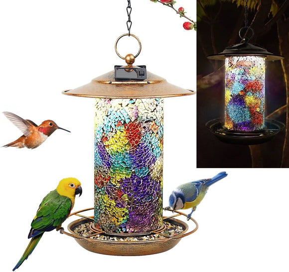 Unique Retro Mosaic Copper Solar Powered Bird Feeder with light for Outdoor Hanging Garden Decor